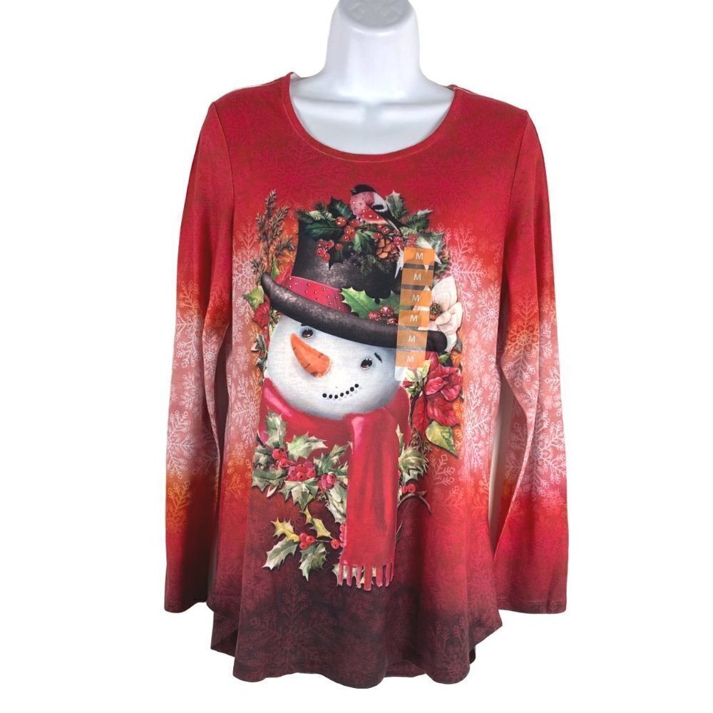 One World Top Medium Cozy Snowman Long Sleeve Embellished Snowflakes NWT TP-1956